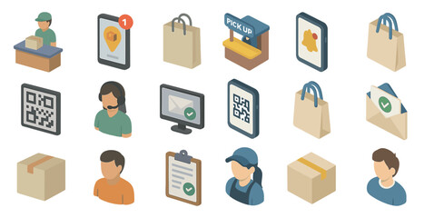 E-commerce and retail isometric icons set – shopping, delivery, online store graphics