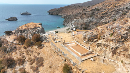 Aerial drone photo of archaeological seaside site of ancient Karthaia featuring Doric temple of Pythian Apollo, theatre and crystal clear beach of Polles in island of Kea, Aegean Sea, Cyclades, Greece