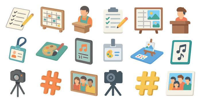 Business flat icons set – modern, workplace, corporate symbols for productivity