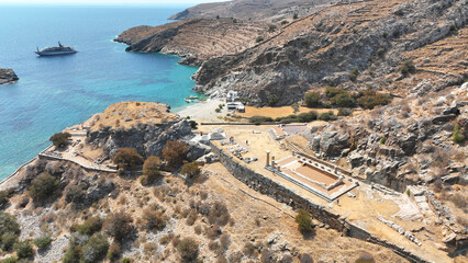 Aerial drone photo of archaeological seaside site of ancient Karthaia featuring Doric temple of Pythian Apollo, theatre and crystal clear beach of Polles in island of Kea, Aegean Sea, Cyclades, Greece