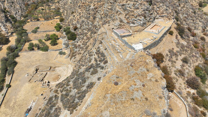 Aerial drone photo of archaeological seaside site of ancient Karthaia featuring Doric temple of Pythian Apollo, theatre and crystal clear beach of Polles in island of Kea, Aegean Sea, Cyclades, Greece