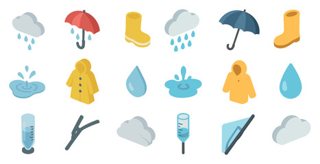 Weather and outdoors icons set &ndash; isometric, filled, climate and waterproof symbols