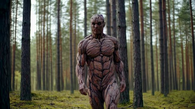 Cybernetic creature emerges: human and nature harmonize in dense forest