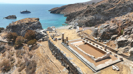 Aerial drone photo of archaeological seaside site of ancient Karthaia featuring Doric temple of Pythian Apollo, theatre and crystal clear beach of Polles in island of Kea, Aegean Sea, Cyclades, Greece