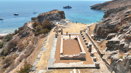 Aerial drone photo of archaeological seaside site of ancient Karthaia featuring Doric temple of Pythian Apollo, theatre and crystal clear beach of Polles in island of Kea, Aegean Sea, Cyclades, Greece