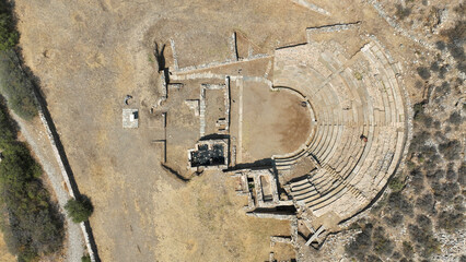Aerial drone photo of archaeological seaside site of ancient Karthaia featuring Doric temple of Pythian Apollo, theatre and crystal clear beach of Polles in island of Kea, Aegean Sea, Cyclades, Greece