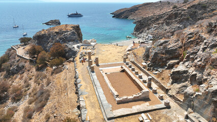 Aerial drone photo of archaeological seaside site of ancient Karthaia featuring Doric temple of Pythian Apollo, theatre and crystal clear beach of Polles in island of Kea, Aegean Sea, Cyclades, Greece
