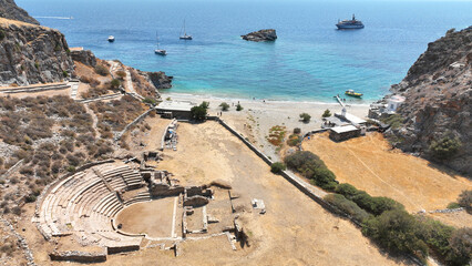 Aerial drone photo of archaeological seaside site of ancient Karthaia featuring Doric temple of Pythian Apollo, theatre and crystal clear beach of Polles in island of Kea, Aegean Sea, Cyclades, Greece