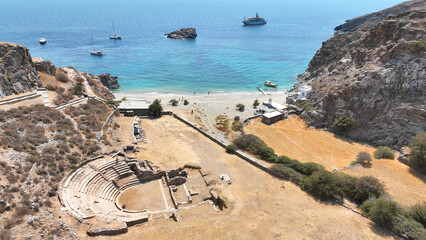 Aerial drone photo of archaeological seaside site of ancient Karthaia featuring Doric temple of Pythian Apollo, theatre and crystal clear beach of Polles in island of Kea, Aegean Sea, Cyclades, Greece