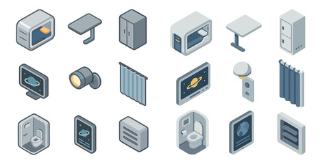 Modern interior isometric icons set – 3d, furniture, home decor graphics