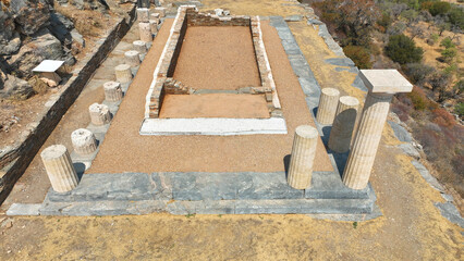 Aerial drone photo of archaeological seaside site of ancient Karthaia featuring Doric temple of Pythian Apollo, theatre and crystal clear beach of Polles in island of Kea, Aegean Sea, Cyclades, Greece