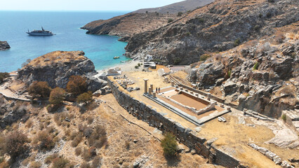 Aerial drone photo of archaeological seaside site of ancient Karthaia featuring Doric temple of Pythian Apollo, theatre and crystal clear beach of Polles in island of Kea, Aegean Sea, Cyclades, Greece