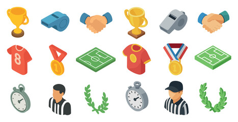 Sports and awards icons set – isometric, trophy, competition symbols for events