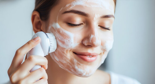 Smiling woman using an electric cleansing brush with foam for facial massage. Deep pore cleansing and skincare routine. Modern spa gadget for beauty treatment at home