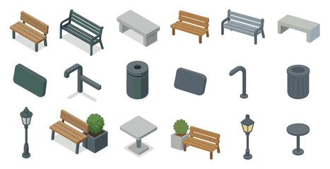 Outdoor furniture icons set – isometric, park benches, garden seating symbols