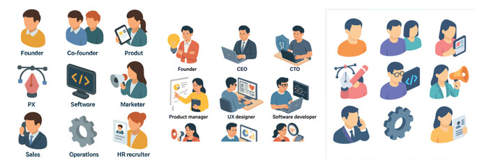 Business and startup flat icons set &ndash; professional, corporate, team symbols