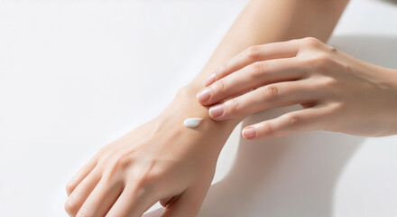Fototapeta premium Woman applying a drop of cosmetic cream on her hand. Closeup of skin moisturizing and body care. Skincare and beauty concept on a white background with soft light