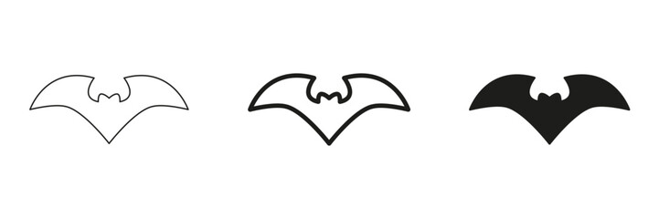Bat Silhouette In Line, Outline, And Glyph Icon Set. Nocturnal Creature And Halloween Symbol Collection. Perfect For Spooky Themes And Wildlife Representation. Isolated Vector Illustration