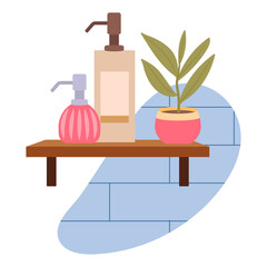 Beauty skincare products shelf. Bathroom skincare products, organic soap or lotion, shampoo tubes and potted plant flat vector illustration. Cartoon bathroom decor elements
