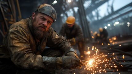 Fototapeta premium This powerful industrial scene captures a skilled construction worker amidst a cloud of sparks, highlighting the intense labor and craftsmanship involved in building infrastructure. The gritty atmosp