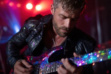 Musician performs on stage with a colorful guitar during a live concert in an energetic atmosphere