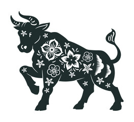 Chinese lunar bull symbol. New Year oriental horoscope animal silhouette, zodiac astrological calendar bull sign flat vector illustration. Traditional horoscope icon