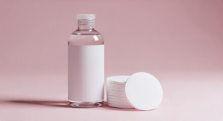 Toner bottle mockup with cotton pads on a pink background. Cosmetic product for daily skincare routine and cleansing. Face care and beauty concept with copy space