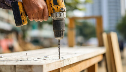 Skilled worker utilizes electric drill to efficiently drive screws into wooden surface at a construction site in a bustling urban environment