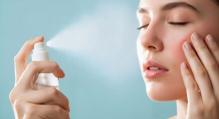 Woman spraying facial mist on her face. Skincare for hydration and refreshment. Beauty routine with cosmetic product for skin care on a blue background