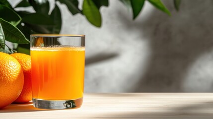 A vibrant glass of freshly squeezed orange juice stands prominently next to several ripe oranges on a wooden table, illuminated by soft natural light