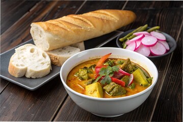 A bowl of Khmer curry with baguette and pickled radish, on a dark wooden table