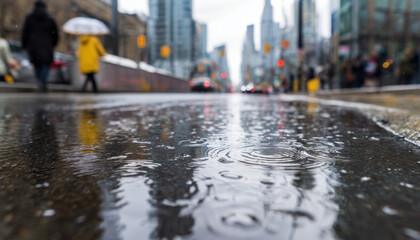 Water splashes from raindrops create ripples in puddles reflecting buildings and streetlights in a bustling city atmosphere