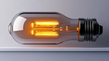 A vintage-style light bulb is prominently displayed, radiating a warm orange glow against a minimalist backdrop. The sleek design merges classic aesthetics with contemporary elegance