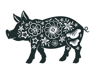 Zodiac astrological calendar piggy sign. Horoscope pig symbol, Chinese lunar New Year oriental animal silhouette flat vector illustration. Traditional horoscope piglet sign