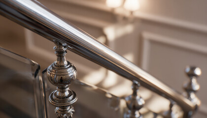 A polished stainless steel handrail glistens under soft lighting, curving gracefully along a modern staircase in an elegant setting