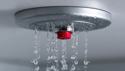 Water is actively cascading from an overhead alarm sprinkler installed in a commercial ceiling as part of fire safety measures