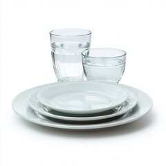 3d realistic vector icon illustration. Clean white plate dishes and glasses. Isolated.