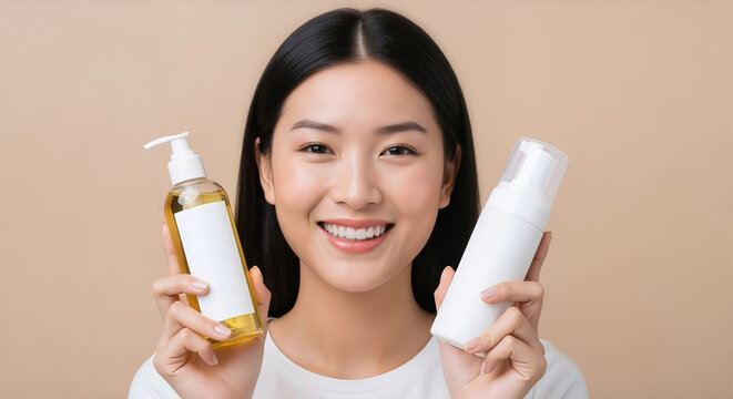 Smiling asian woman showing cosmetic bottles with cleanser and toner. Happy girl advertising beauty products for skincare routine on a beige background