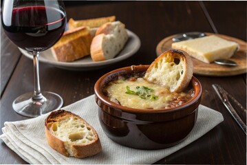 French onion soup with baked cheese bread and red wine, on a dark wooden table