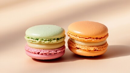 Fototapeta premium Two macarons are presented side by side on a soft, light background. One is green with a creamy filling, while the other is orange with a similar filling. Both showcase vibrant colors