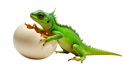 Baby green iguana emerging from cracked egg with vibrant skin and developing crest on spine in natural habitat