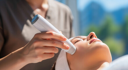 Cosmetologist doing a hardware facial treatment on a woman in a spa salon. Professional procedure for skin rejuvenation and anti aging with a modern device