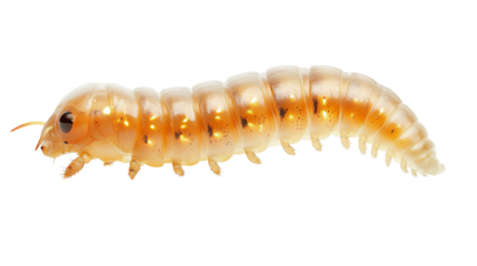 A macro close-up of a green caterpillar, a hairy insect larva, isolated on a white background