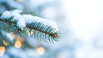 Snow covered evergreen branch with christmas lights