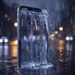 Transparent smartphone screen with rain animation showing shopping offers and discounts, blending modern ecommerce design with weather effects for engaging user experience. AI generated illustration.