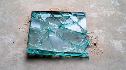 Fragments of broken glass are scattered on a dusty floor, reflecting light in various angles. The surrounding environment appears worn and neglected, highlighting the glass's sharp edges