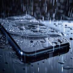 Transparent smartphone screen with rain animation showing shopping offers and discounts, blending modern ecommerce design with weather effects for engaging user experience. AI generated illustration.