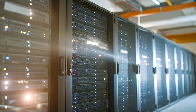 Data center interior featuring rows of server racks with blinking lights. Illustrates connectivity, networking, and computing power. Suitable for tech or business contexts.