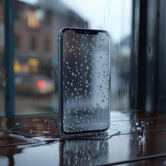 Transparent smartphone screen with rain animation showing shopping offers and discounts, blending modern ecommerce design with weather effects for engaging user experience. AI generated illustration.