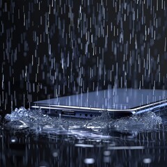 Transparent smartphone screen with rain animation showing shopping offers and discounts, blending modern ecommerce design with weather effects for engaging user experience. AI generated illustration.